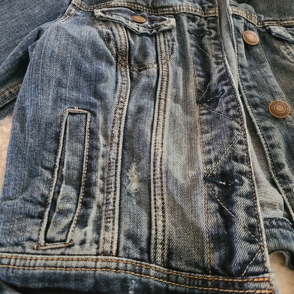 American Eagle 100% Cotton Medium Blue Distressed Denim Jean Jacket Women M - Picture 4 of 6